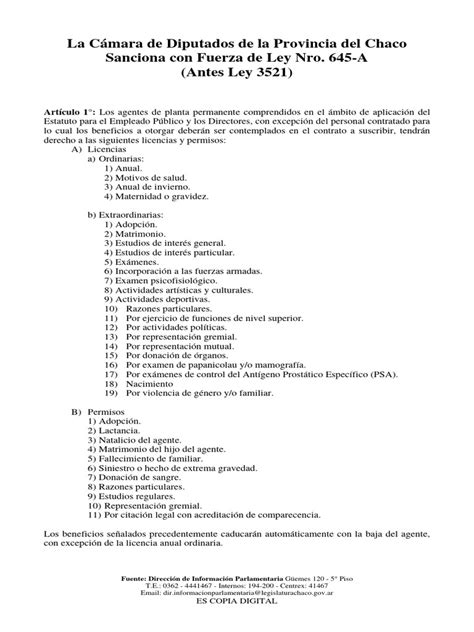 ley 645 a chaco|Ley 645.a Reemplaza 3521 .